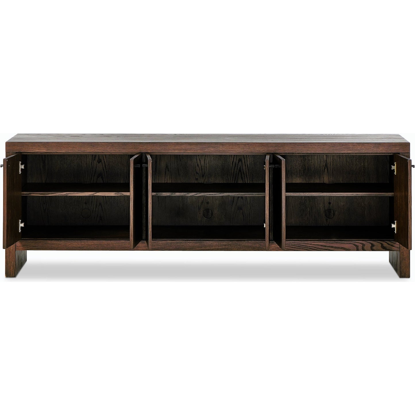 006 SI-2158555 | Closeup | Torrington Media Console by Four Hands in umber oak, umber oak veneer and umber oak. Made from resawn oak, oak veneer in a modern style.