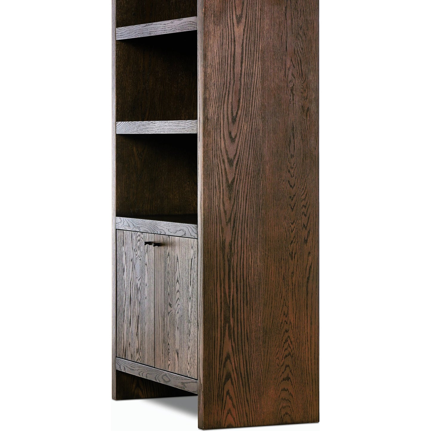007 SI-2158551 | Closeup | Torrington Bookcase by Four Hands in umber oak veneer. Made from oak veneer, resawn oak in a modern style.