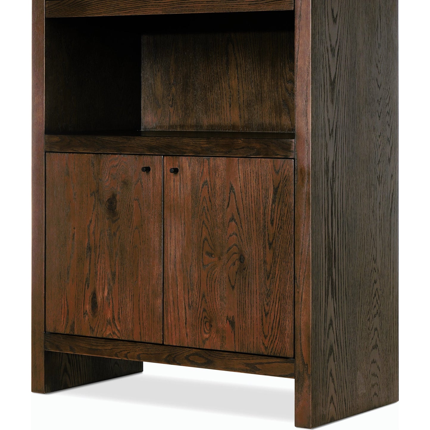 008 SI-2158551 | Closeup | Torrington Bookcase by Four Hands in umber oak veneer. Made from oak veneer, resawn oak in a modern style.