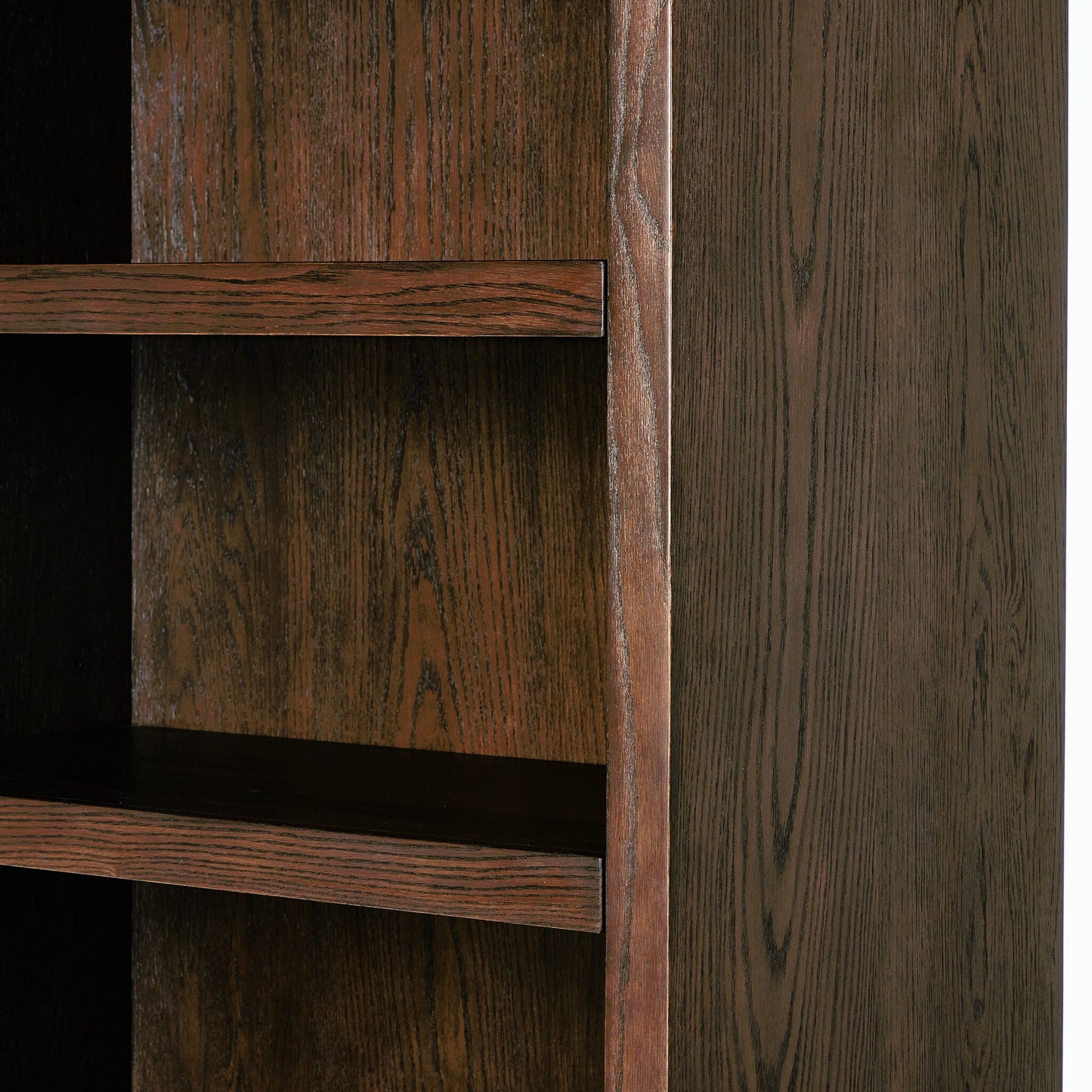 009 SI-2158551 | Closeup | Torrington Bookcase by Four Hands in umber oak veneer. Made from oak veneer, resawn oak in a modern style.