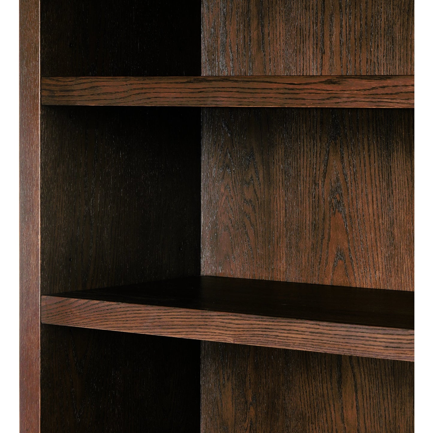 010 SI-2158551 | Closeup | Torrington Bookcase by Four Hands in umber oak veneer. Made from oak veneer, resawn oak in a modern style.