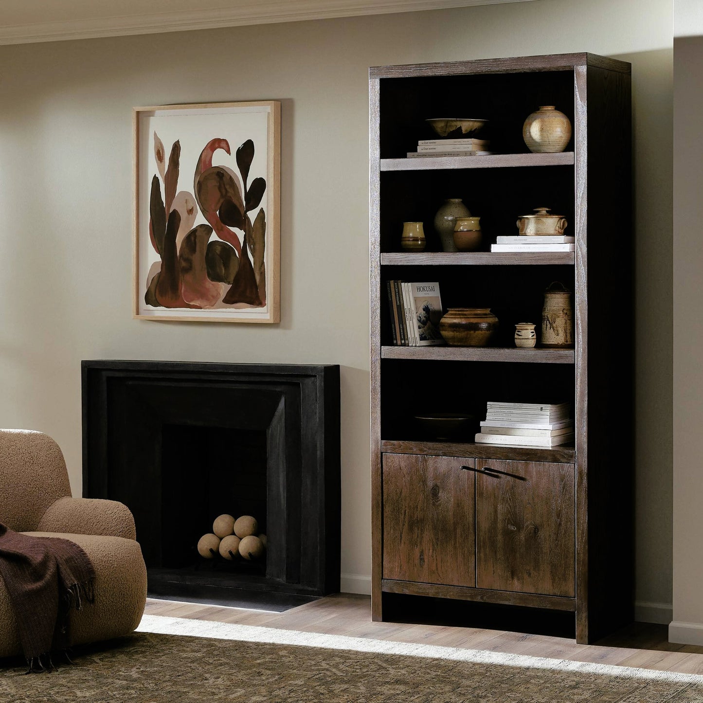 012 SI-2158551 | Lifestyle | Torrington Bookcase by Four Hands in umber oak veneer. Made from oak veneer, resawn oak in a modern style.