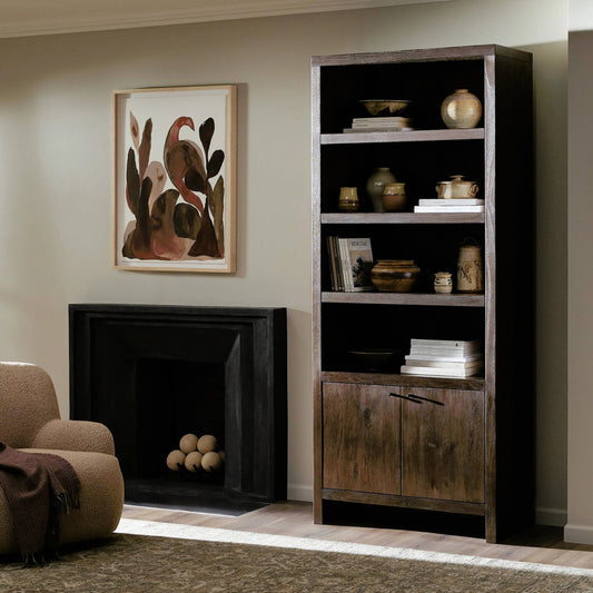 Torrington Bookcase by Four Hands in umber oak veneer. Made from oak veneer, resawn oak in a modern style.