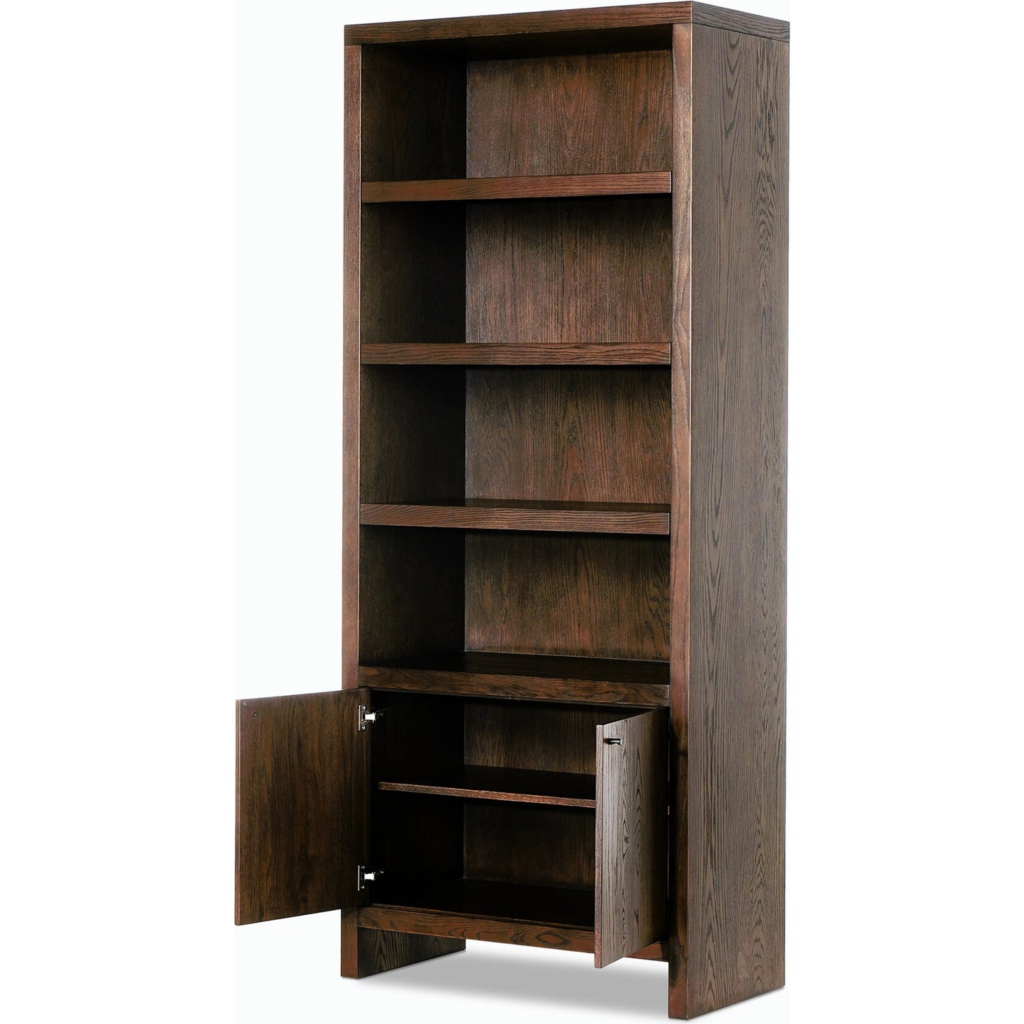 005 SI-2158551 | Closeup | Torrington Bookcase by Four Hands in umber oak veneer. Made from oak veneer, resawn oak in a modern style.