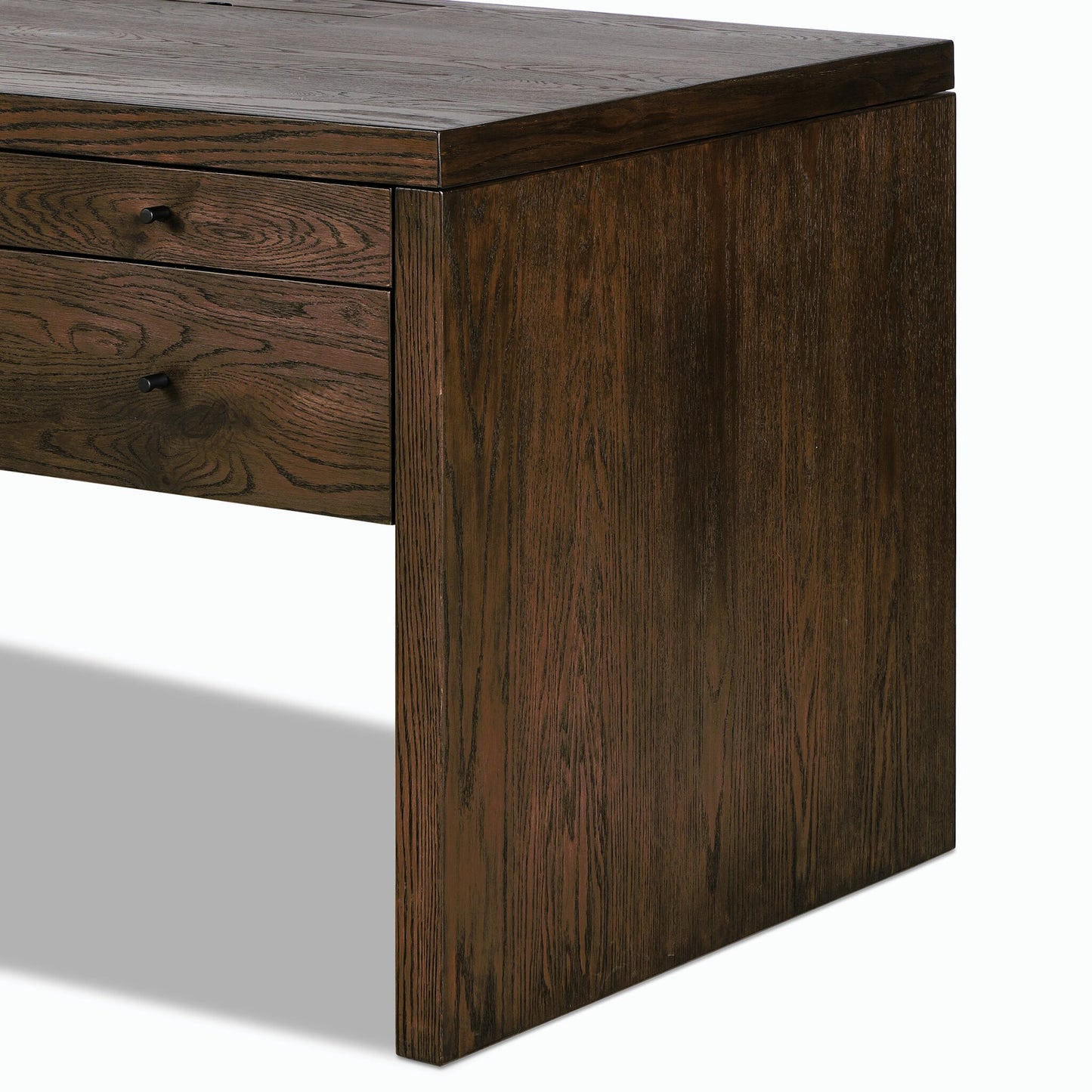 006 SI-2158553 | Closeup | Torrington Desk by Four Hands in umber oak. Made from resawn oak in a modern style.