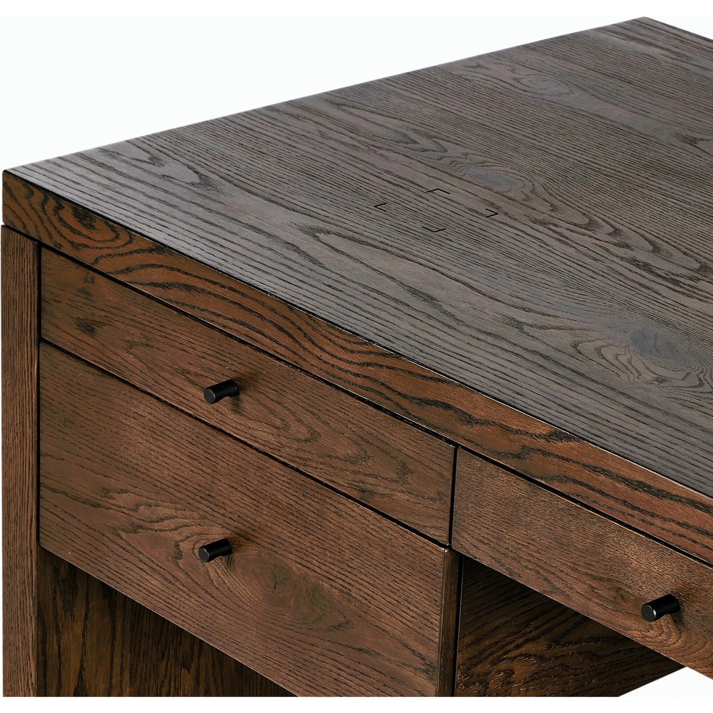 013 SI-2158553 | Closeup | Torrington Desk by Four Hands in umber oak. Made from resawn oak in a modern style.