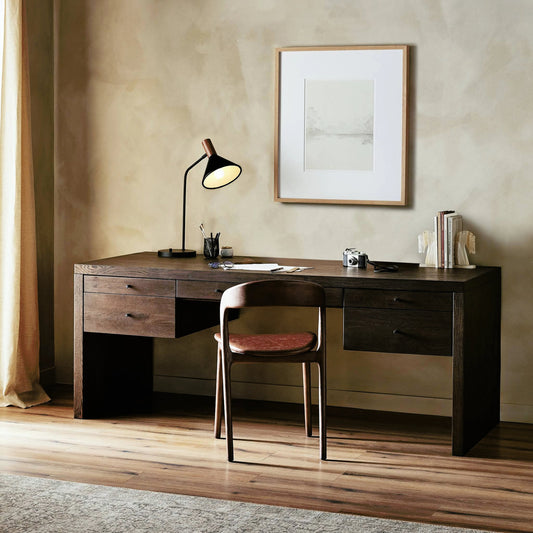 Torrington Desk by Four Hands in umber oak. Made from resawn oak in a modern style.