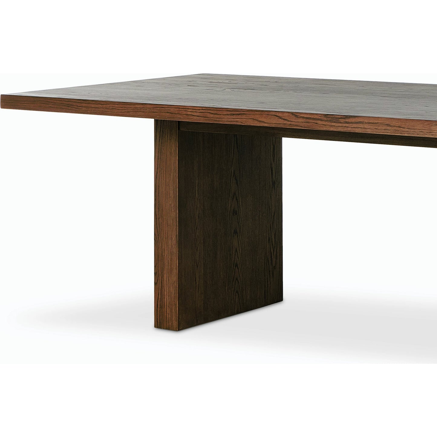 005 SI-2158554 | Closeup | Torrington Dining Table by Four Hands in umber oak, umber oak veneer and umber oak. Made from resawn oak, oak veneer, engineered hardwood in a modern style.