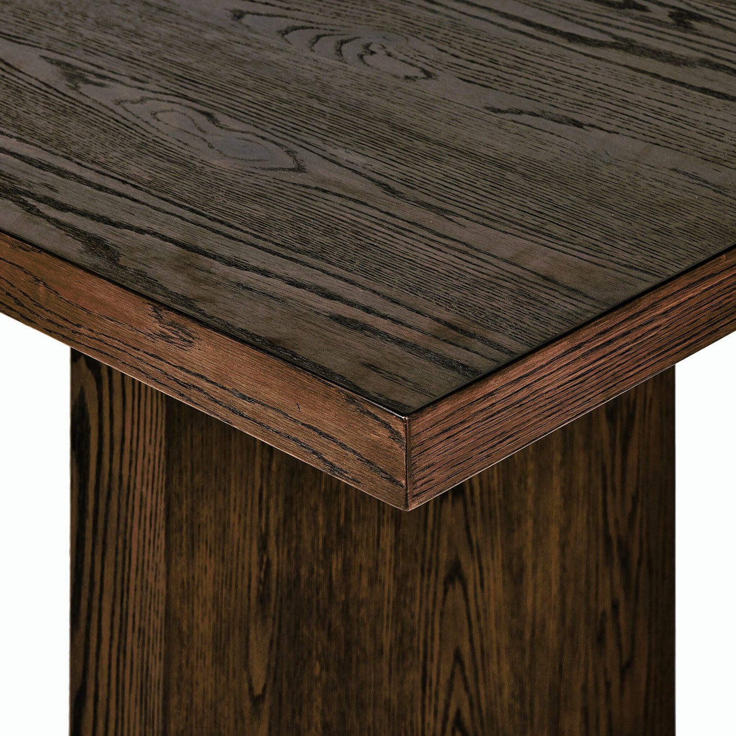 007 SI-2158554 | Closeup | Torrington Dining Table by Four Hands in umber oak, umber oak veneer and umber oak. Made from resawn oak, oak veneer, engineered hardwood in a modern style.