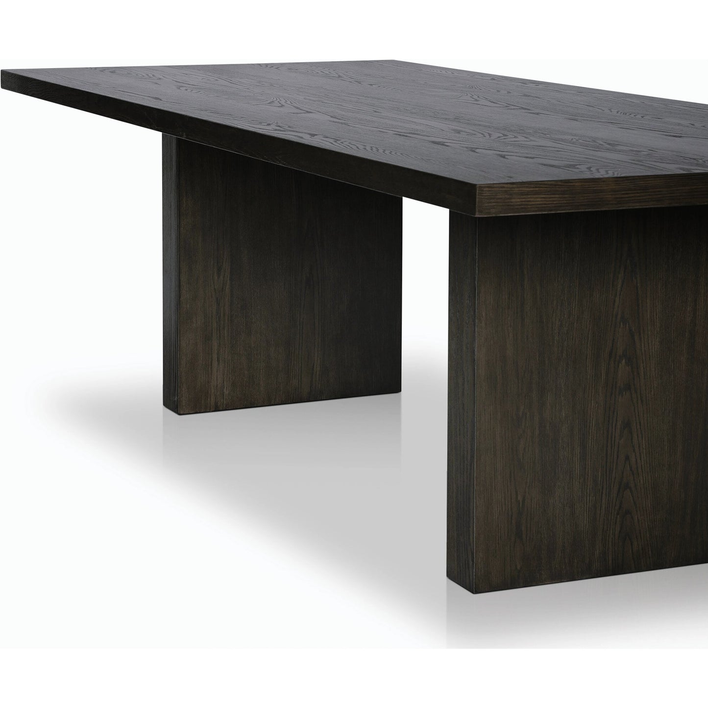 008 SI-2158554 | Closeup | Torrington Dining Table by Four Hands in umber oak, umber oak veneer and umber oak. Made from resawn oak, oak veneer, engineered hardwood in a modern style.
