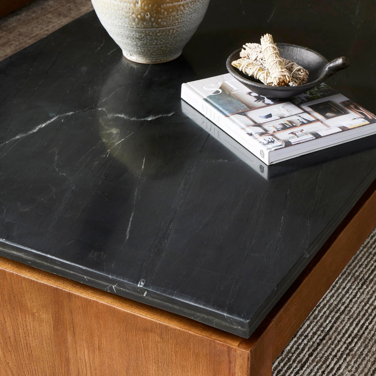 009 SI-2074404 | Lifestyle | Kenneth Coffee Table by Four Hands in dove oak, polished black marble. Made from solid marble, solid oak in a modern style.