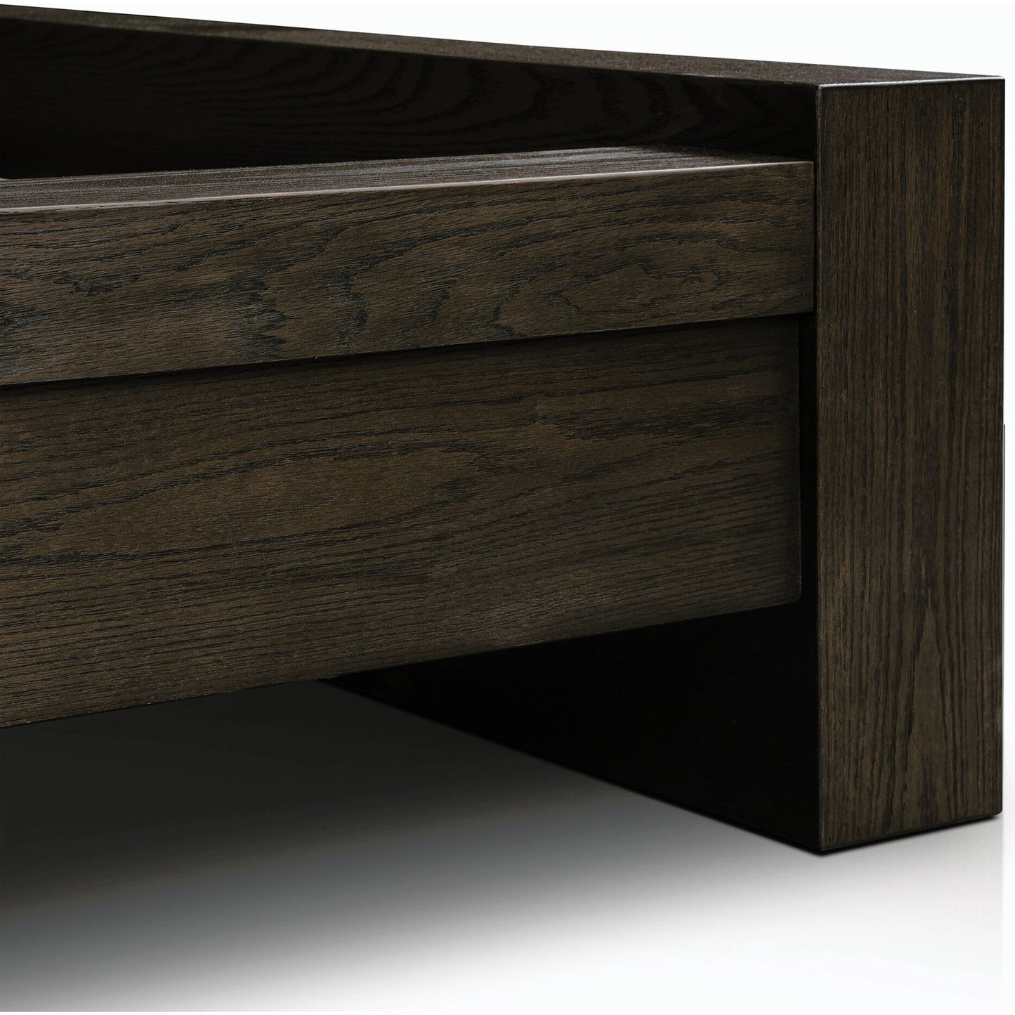 005 SI-2158549,SI-2158550 | Closeup | Torrington Bed by Four Hands in umber oak. Made from resawn oak in a modern style.