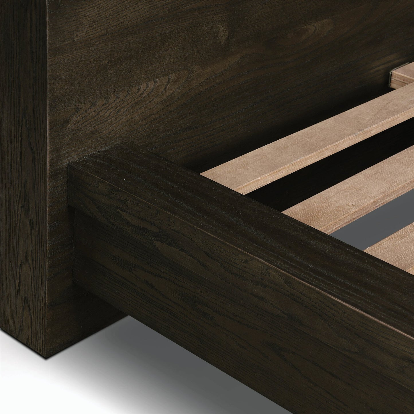 008 SI-2158549,SI-2158550 | Closeup | Torrington Bed by Four Hands in umber oak. Made from resawn oak in a modern style.