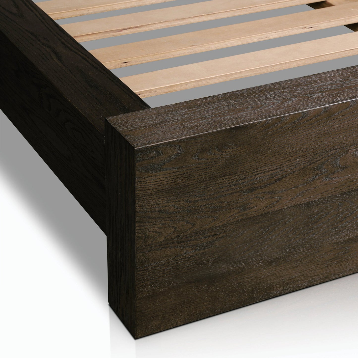 009 SI-2158549,SI-2158550 | Closeup | Torrington Bed by Four Hands in umber oak. Made from resawn oak in a modern style.