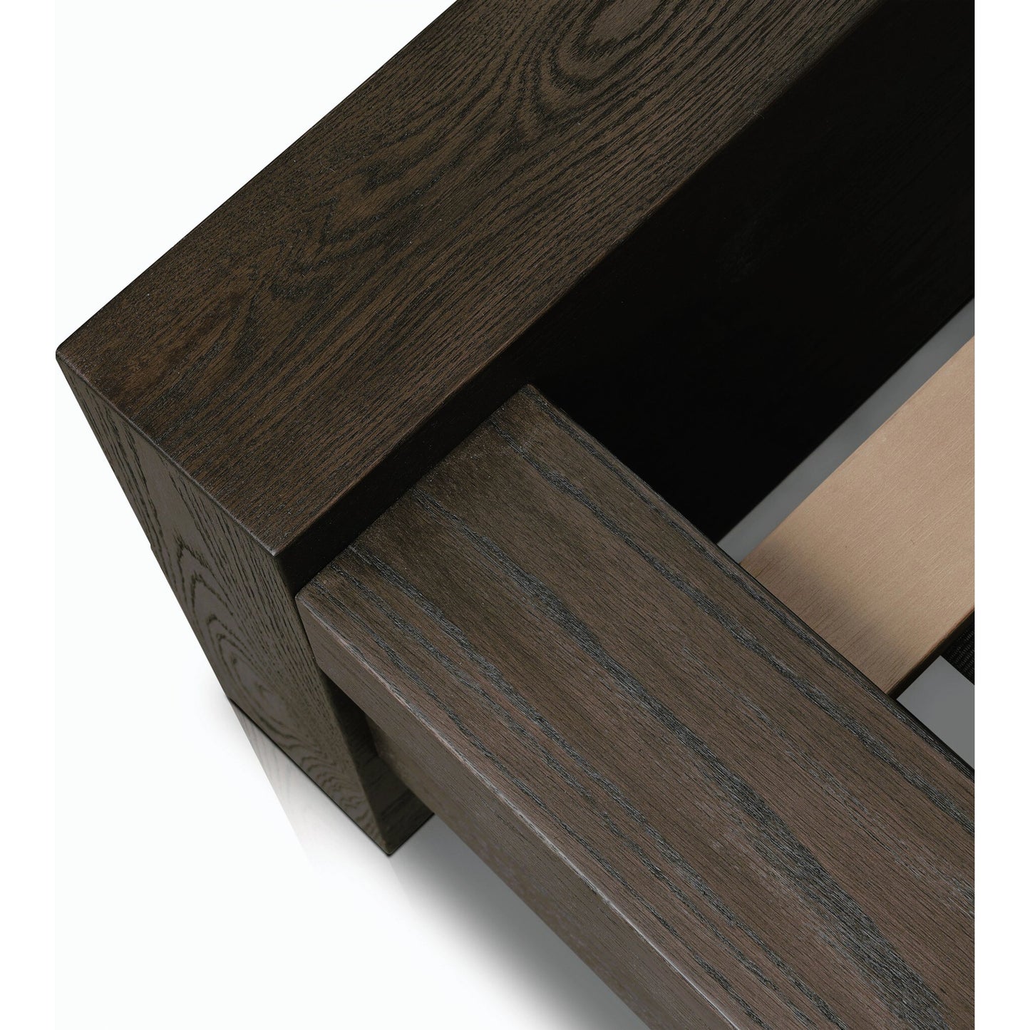 010 SI-2158549,SI-2158550 | Closeup | Torrington Bed by Four Hands in umber oak. Made from resawn oak in a modern style.