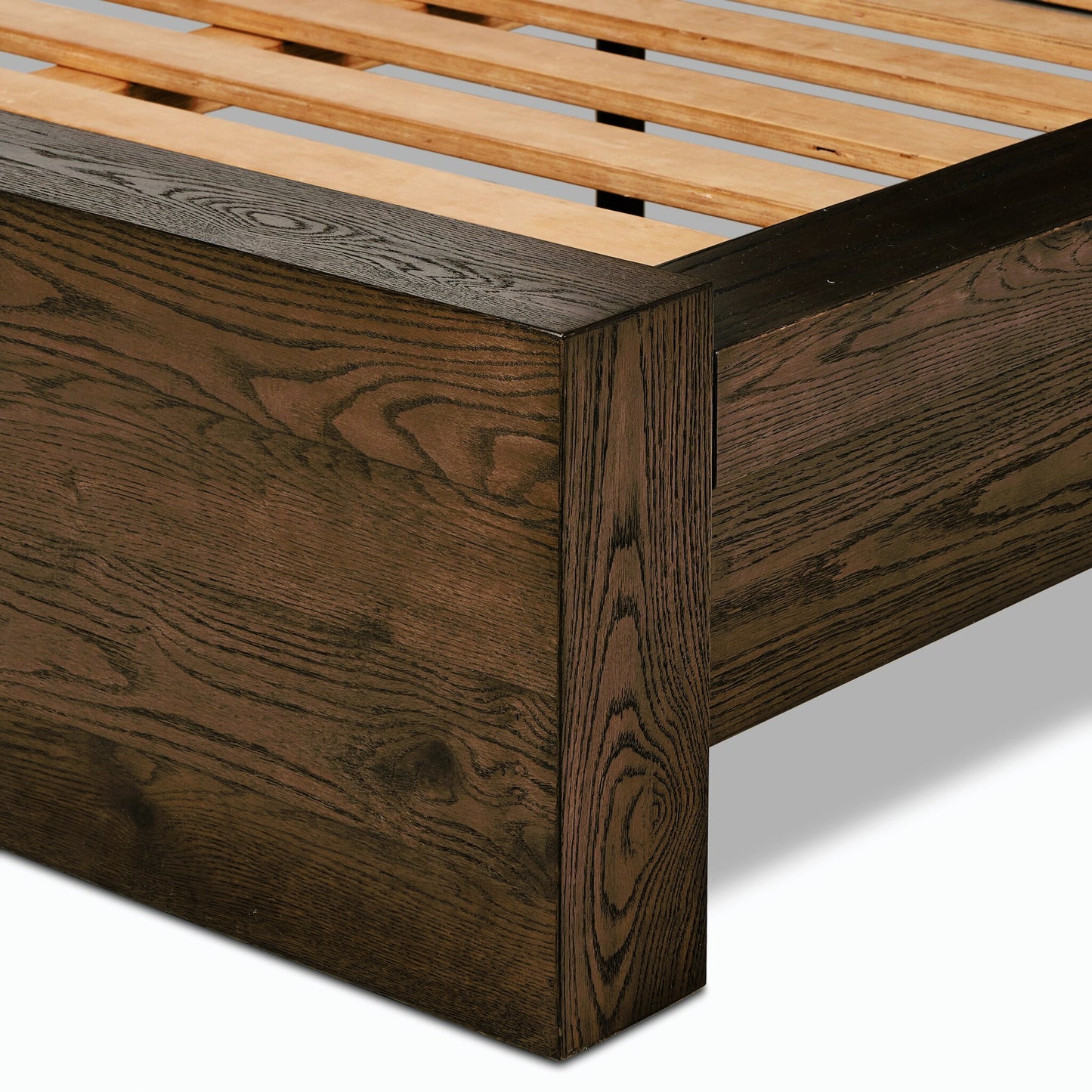 011 SI-2158549,SI-2158550 | Closeup | Torrington Bed by Four Hands in umber oak. Made from resawn oak in a modern style.