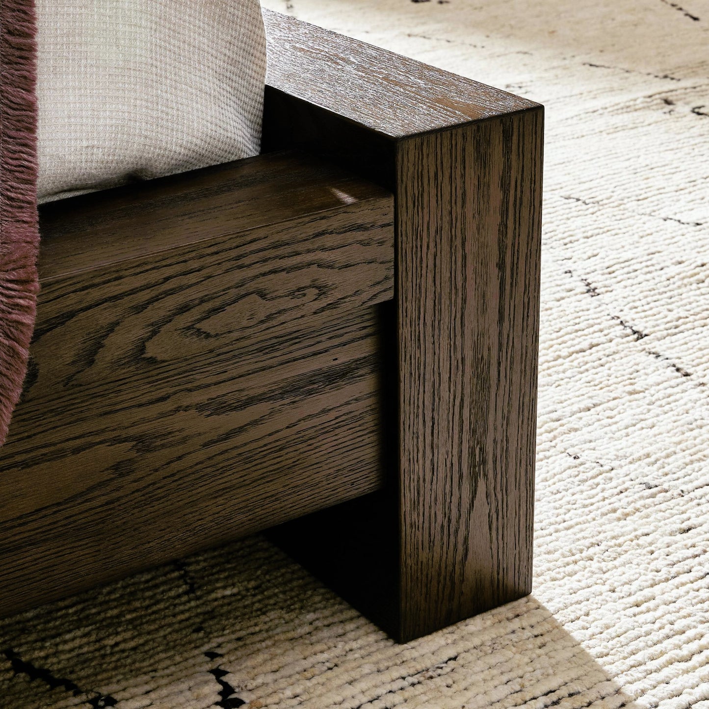 012 SI-2158549,SI-2158550 | Closeup | Torrington Bed by Four Hands in umber oak. Made from resawn oak in a modern style.