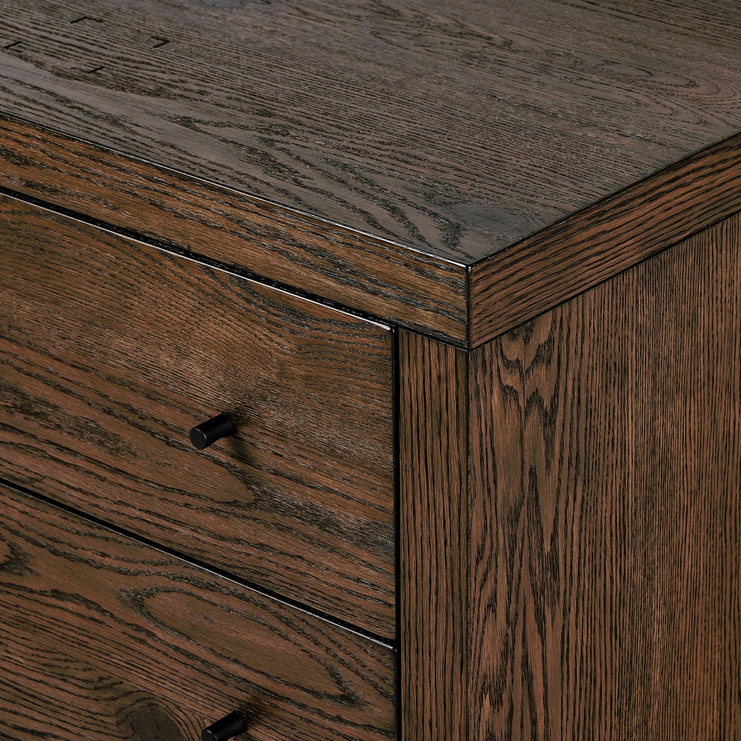 014 SI-2158552 | Closeup | Torrington Charging Nightstand by Four Hands in umber oak, umber oak veneer and umber oak. Made from resawn oak, oak veneer in a modern style.