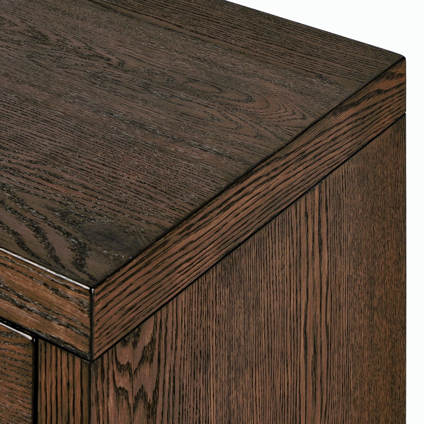 013 SI-2158552 | Closeup | Torrington Charging Nightstand by Four Hands in umber oak, umber oak veneer and umber oak. Made from resawn oak, oak veneer in a modern style.