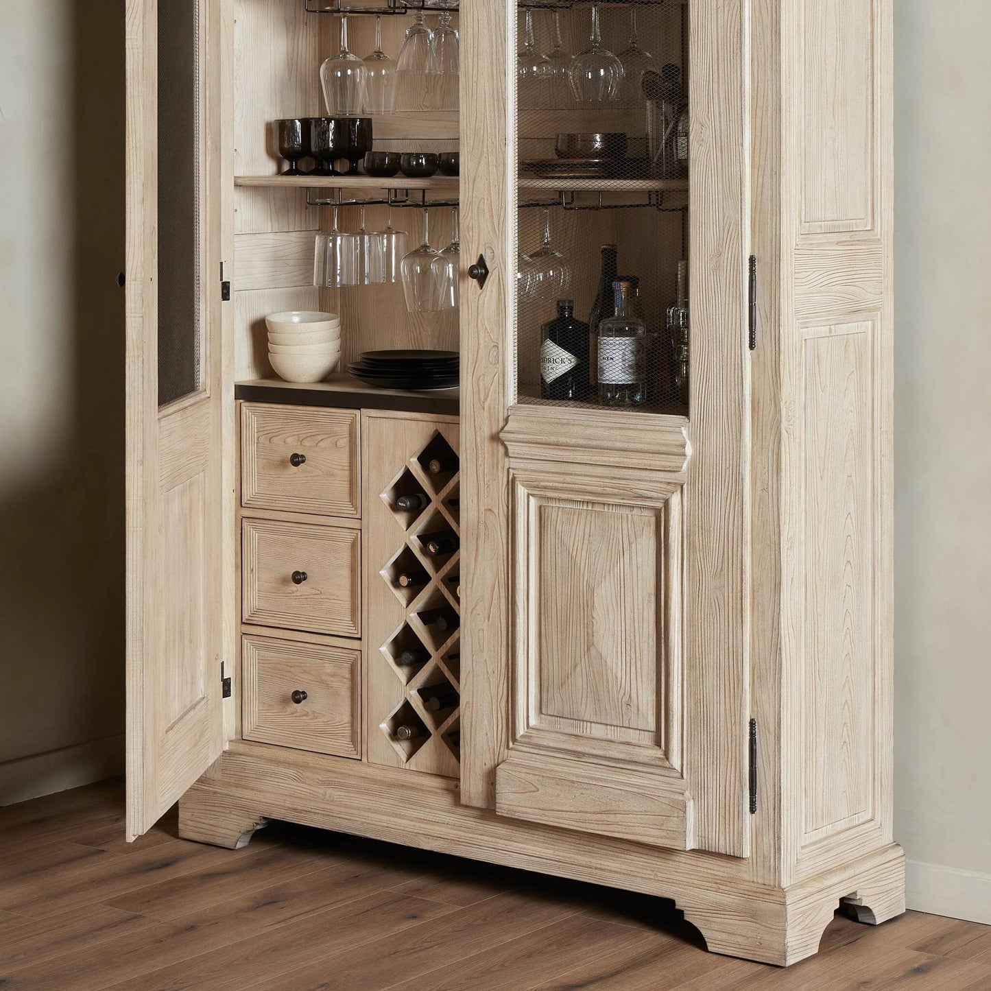008 SI-2137632 | Closeup | The "Please No More Doors" Cabinet by Four Hands in natural pine. Made from solid pine, thick pine veneer in a modern style.