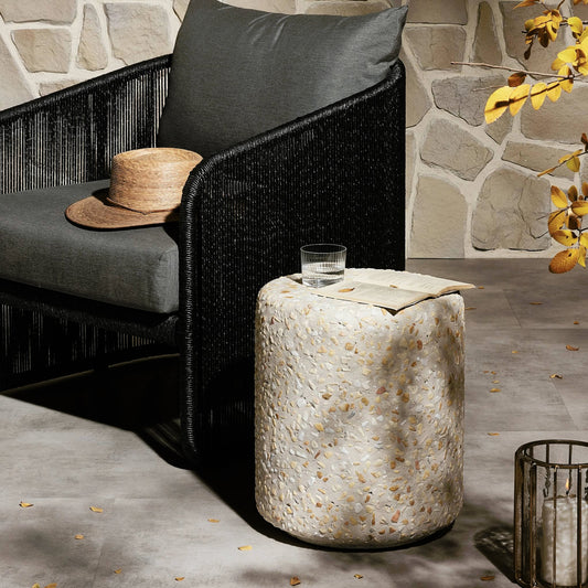 Orlan Outdoor End Table by Four Hands in pure terrazzo. Made from terrazzo in a modern style.