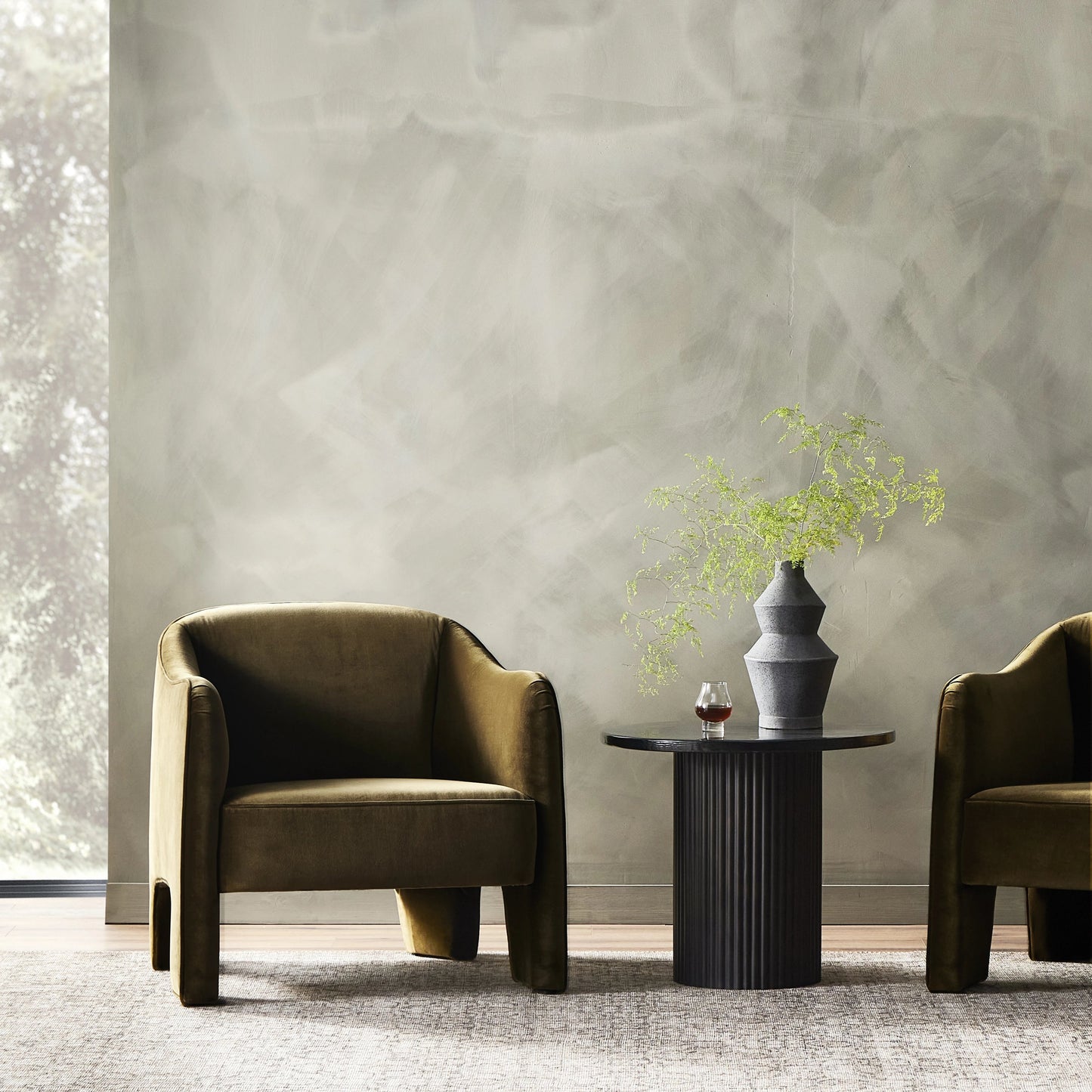 019 SI-2074755 | Lifestyle | Sully Chair by Four Hands in surrey moss. Made from 76.8% cotton, 23.2% polyester, poplar plywood, 100% polyester in a modern style.