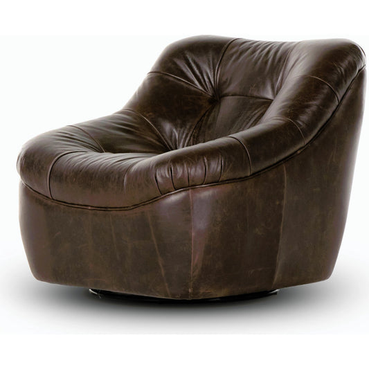 Farley Swivel Chair by Four Hands in conroe cigar. Made from top grain leather, poplar plywood, 100% polyester in a traditional style.