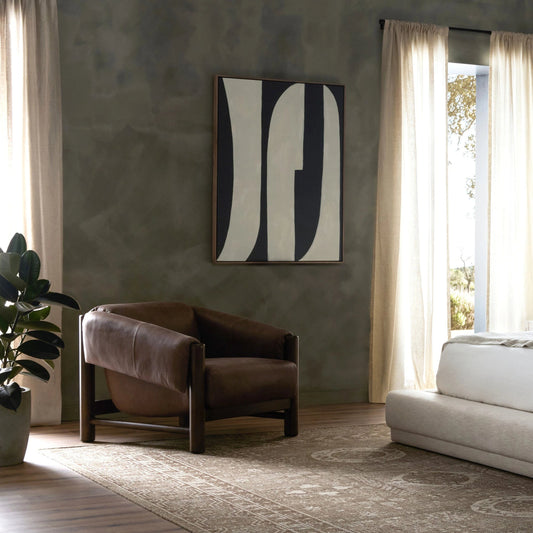 Boden Chair by Four Hands in palermo cigar and terra brown. Made from top grain leather, solid parawood, 75% cotton, 25% flax, linen in a modern style.