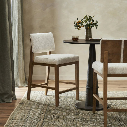 Carlo Bar Stool by Four Hands in somerton ash, toasted oak, toasted oak veneer. Made from 95% polyester, 5% acrylic, solid oak, oak veneer in a modern style.