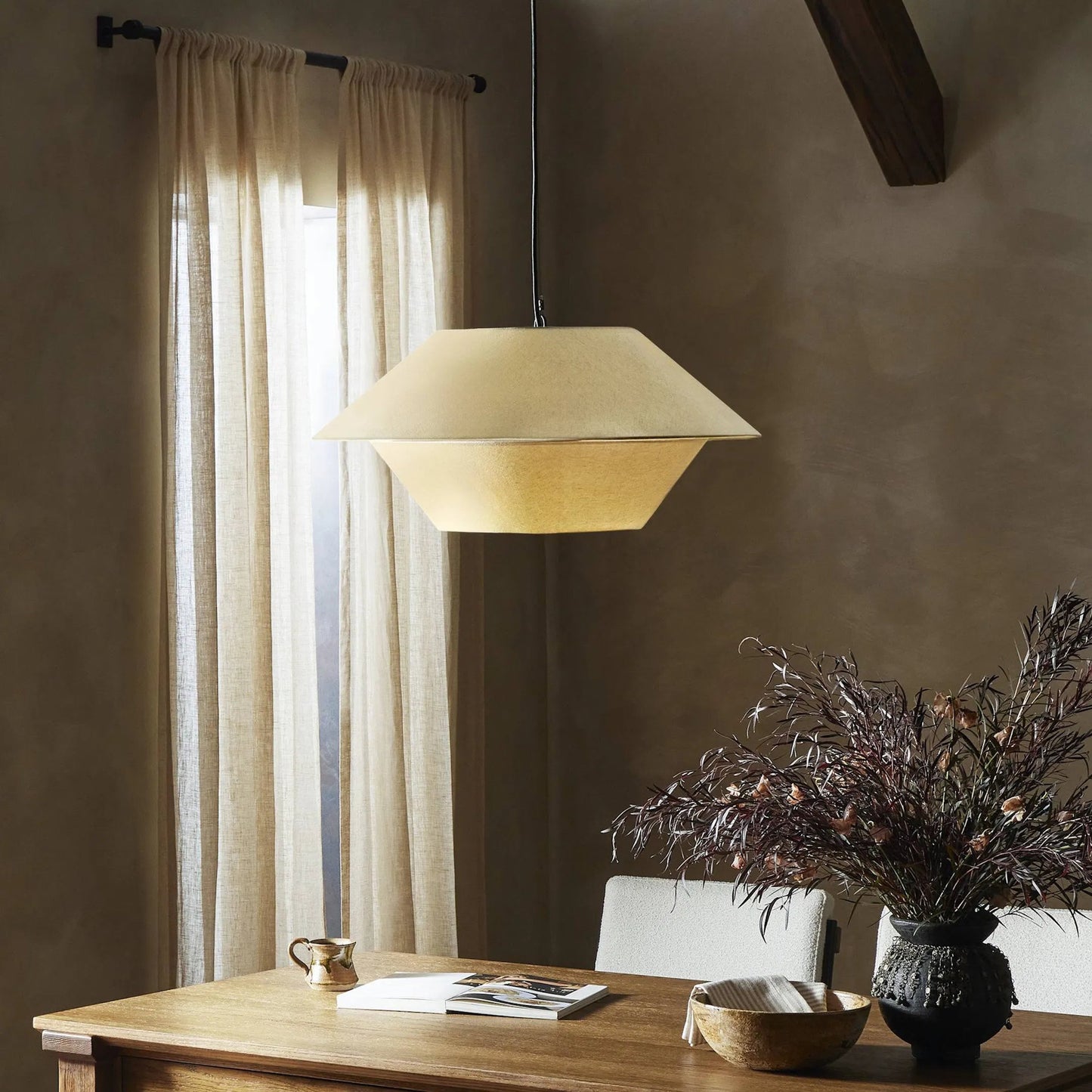 006 SI-2320163 | Lifestyle | Mccarthy Pendant by Four Hands in beige linen, antiqued iron. Made from 100% cotton, iron in a modern style.