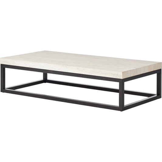 001 SI-2137646 | Primary Silo | The Rectangular Coffee Table by Four Hands in travertine, bronze pebble texture. Made from solid travertine, iron in a modern style.