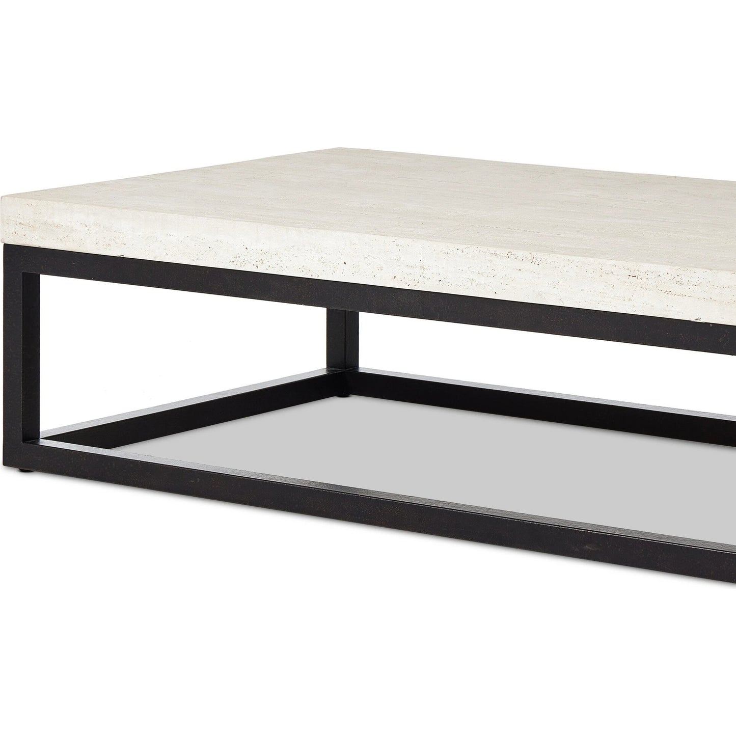 006 SI-2137646 | Closeup | The Rectangular Coffee Table by Four Hands in travertine, bronze pebble texture. Made from solid travertine, iron in a modern style.