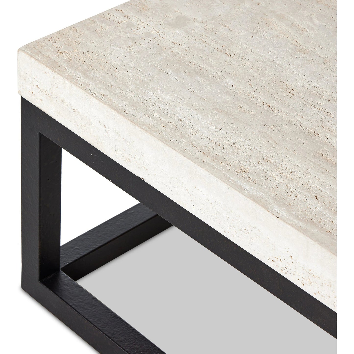010 SI-2137646 | Closeup | The Rectangular Coffee Table by Four Hands in travertine, bronze pebble texture. Made from solid travertine, iron in a modern style.