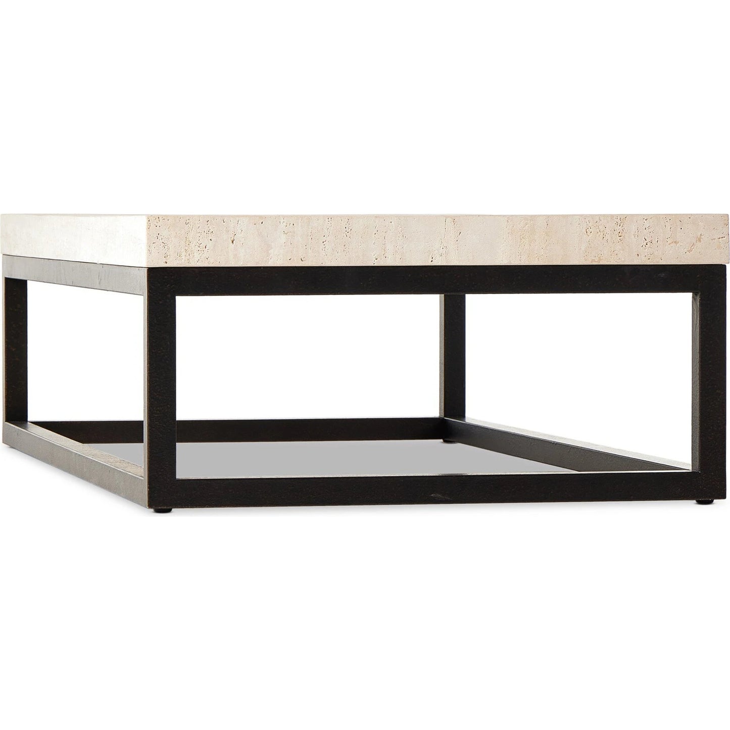 011 SI-2137646 | Closeup | The Rectangular Coffee Table by Four Hands in travertine, bronze pebble texture. Made from solid travertine, iron in a modern style.