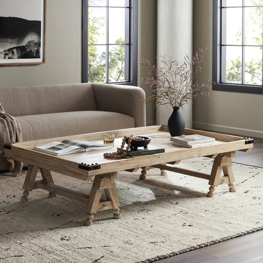 The Don't Try to Explain It Table by Four Hands in natural pine, aged bronze. Made from thick pine veneer, solid pine, zinc alloy in a modern style.
