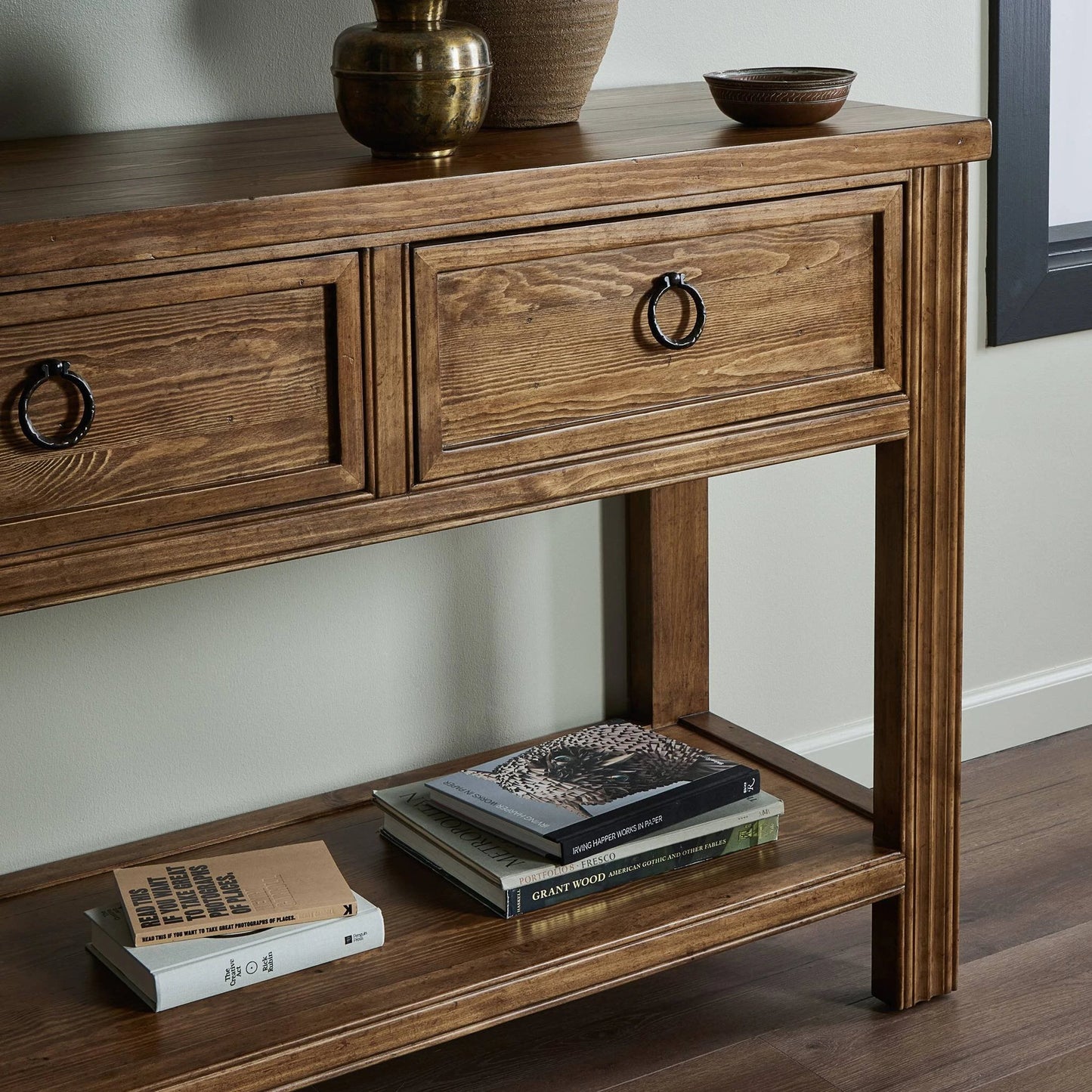 013 SI-2137644 | Closeup | The Lazy Monsieur Partouche Table by Four Hands in distressed brown. Made from pine veneer, solid pine in a modern style.