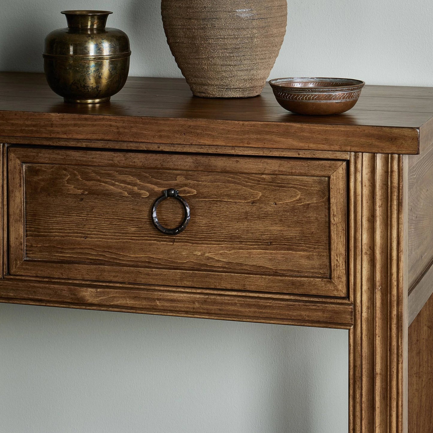 012 SI-2137644 | Closeup | The Lazy Monsieur Partouche Table by Four Hands in distressed brown. Made from pine veneer, solid pine in a modern style.