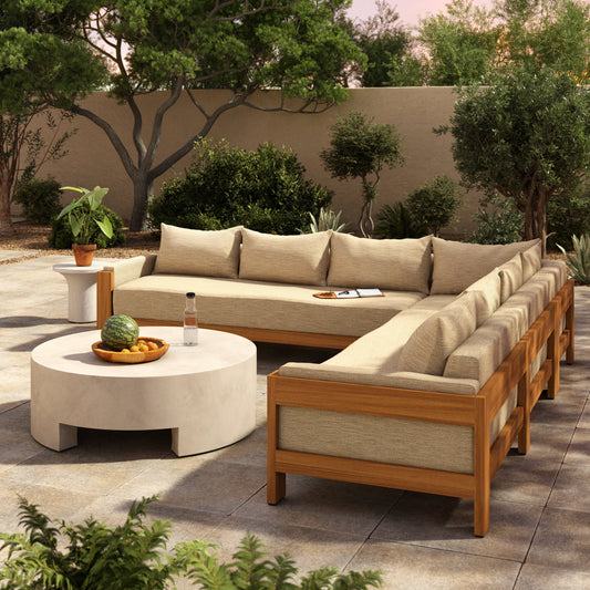 Chapman Outdoor 3-Piece Sectional by Four Hands in casa cream. Made from 100% olefin, solid fsc®-certified teak, 59% polyurethane foam, 30% polyester fiber, 11% polyester fiber batting in a modern style.