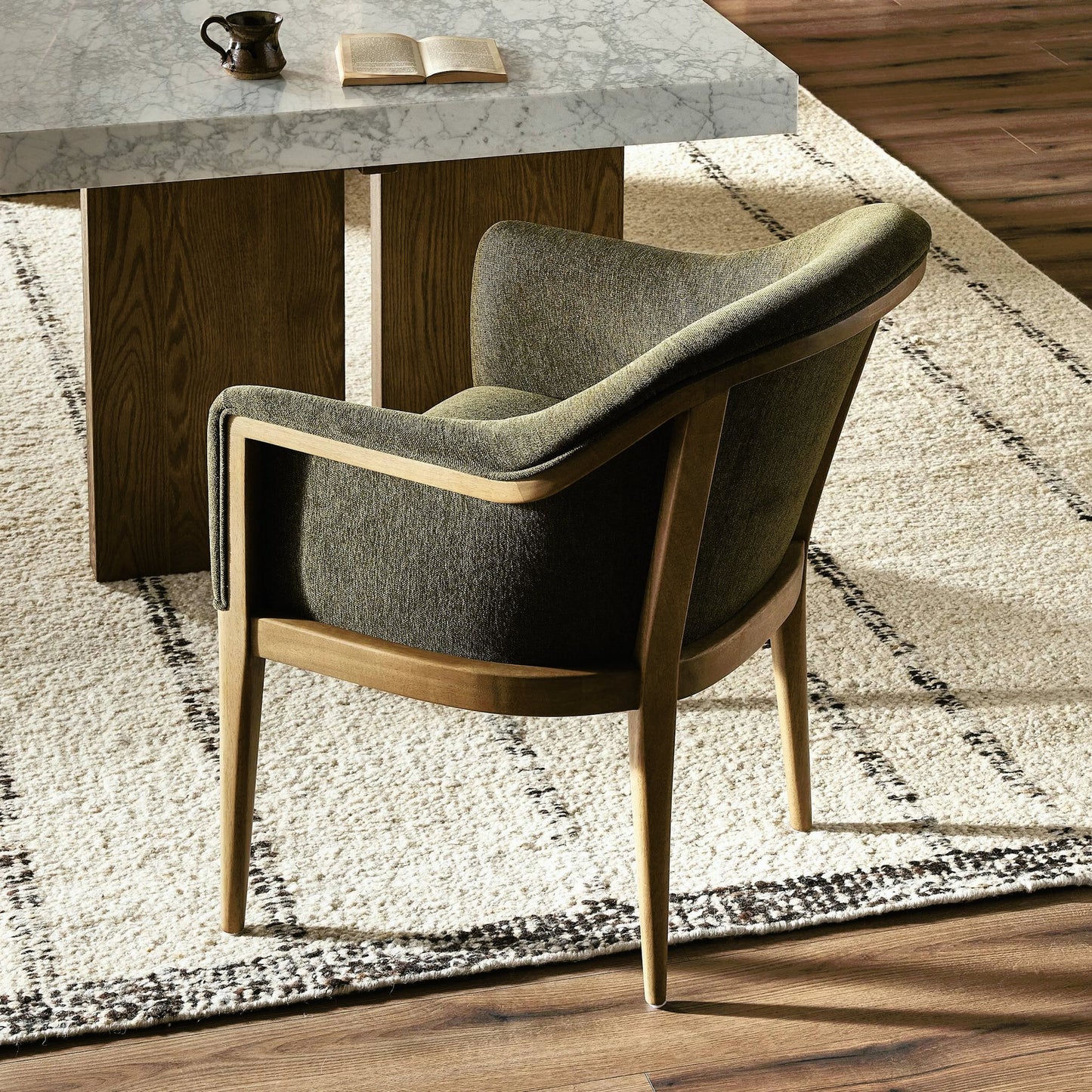 012 SI-2158116 | Lifestyle | Colston Dining Chair by Four Hands in sutton olive. Made from 100% polyester, solid parawood in a modern style.