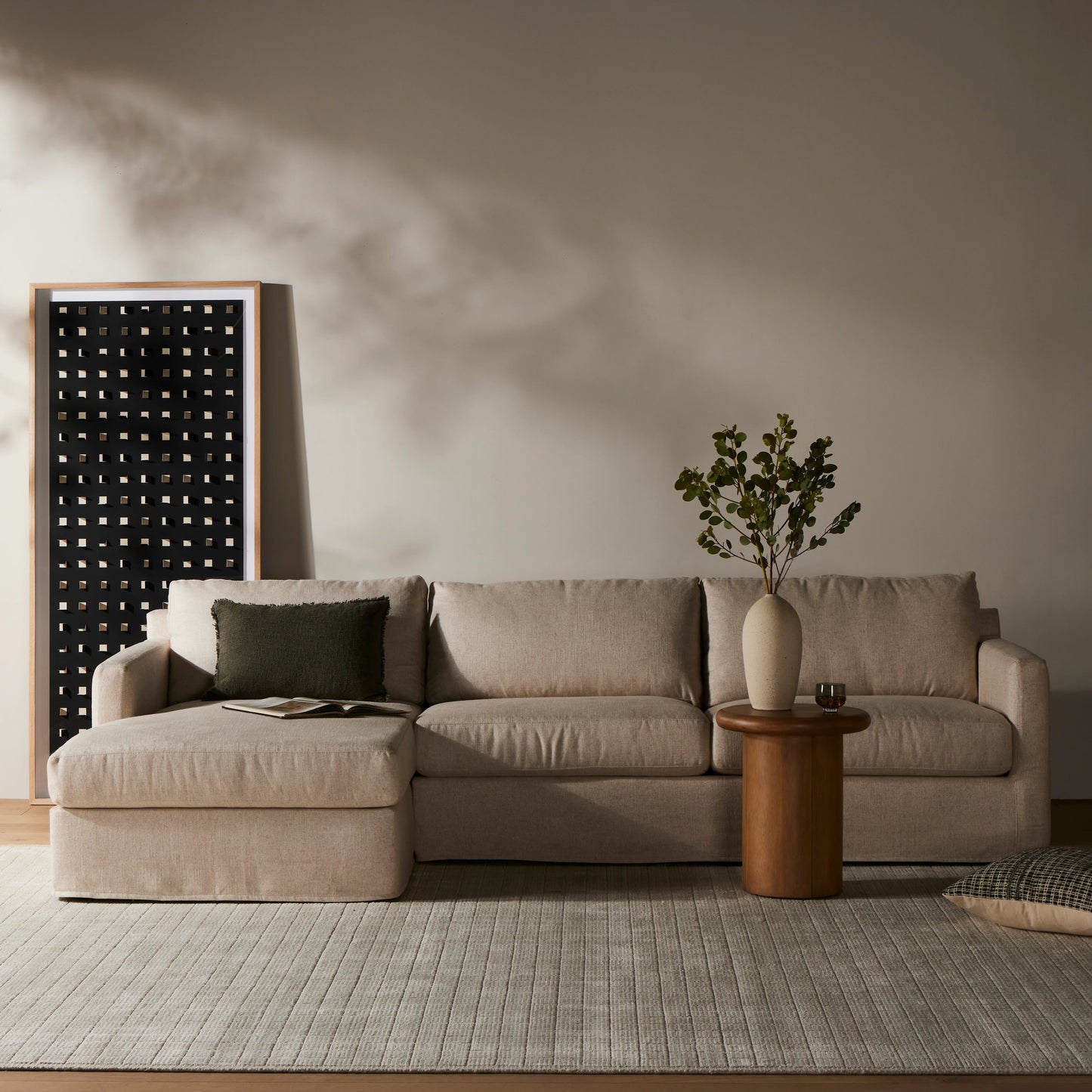 042 SI-2001425 | Lifestyle | Hampton 2-Piece Slipcover Sectional by Four Hands. Made from 51% rayon, 22% linen, 16% polyester, 11% cotton, pine plywood, 100% polyester in a modern style.