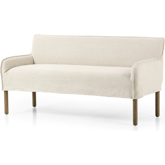 Addington Slipcover Bench by Four Hands in brussels natural and dark oak. Made from 100% flax, linen, solid oak, 100% polyester in a modern style.