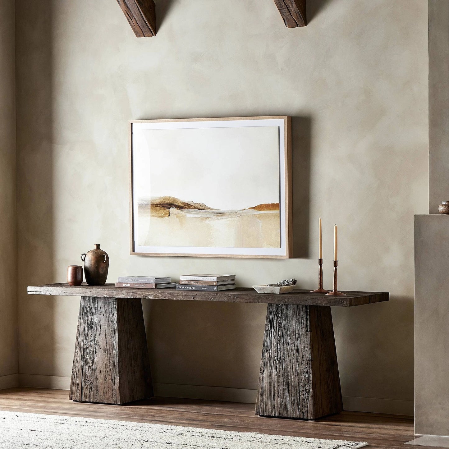 015 SI-2137188 | Lifestyle | Atlas Console Table by Four Hands in smoked alder. Made from resawn alder, engineered hardwood in a modern style.