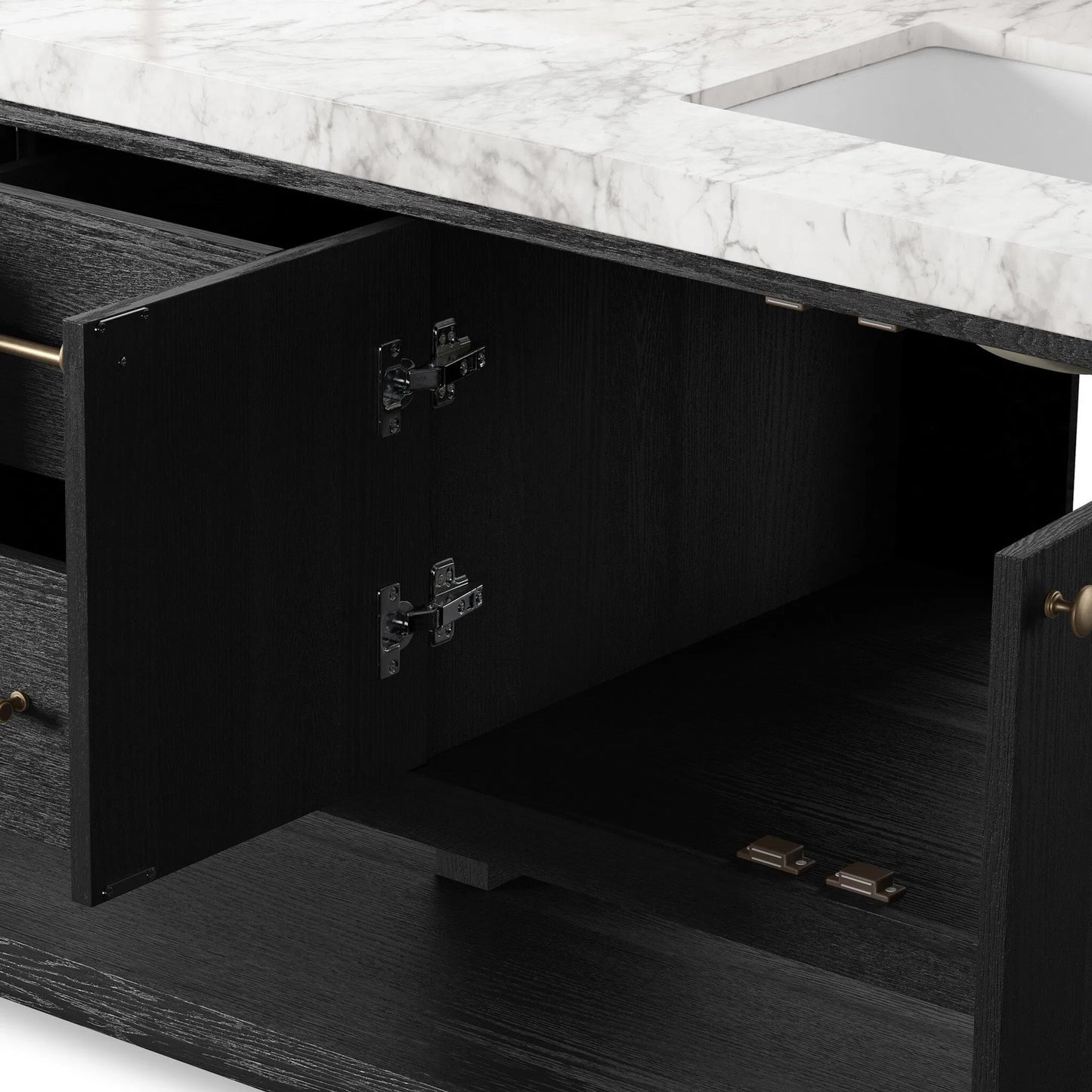018 SI-2377096 | Closeup | Anthem Double Vanity by Four Hands. Made from thick oak veneer, solid marble in a unique style.