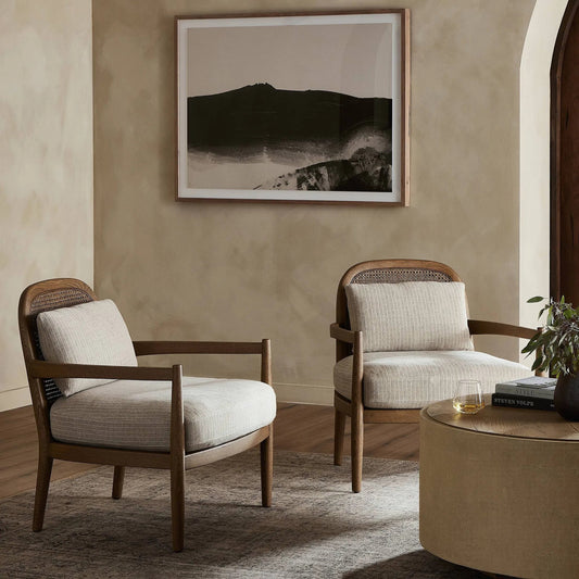 Netta Chair by Four Hands in laine flint, toasted oak, toasted cane. Made from 80% linen, 20% cotton, solid oak, cane in a modern style.