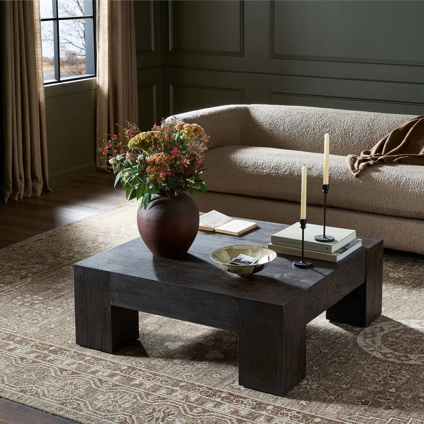 020 SI-2000881 | Lifestyle | Abaso Small Square Coffee Table by Four Hands. Made from thick oak veneer, engineered hardwood in a modern style.