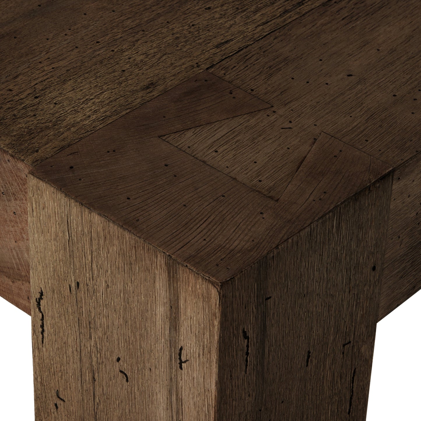 014 SI-2000881 | Closeup | Abaso Small Square Coffee Table by Four Hands in ebony rustic wormwood oak. Made from thick oak veneer, engineered hardwood in a modern style.