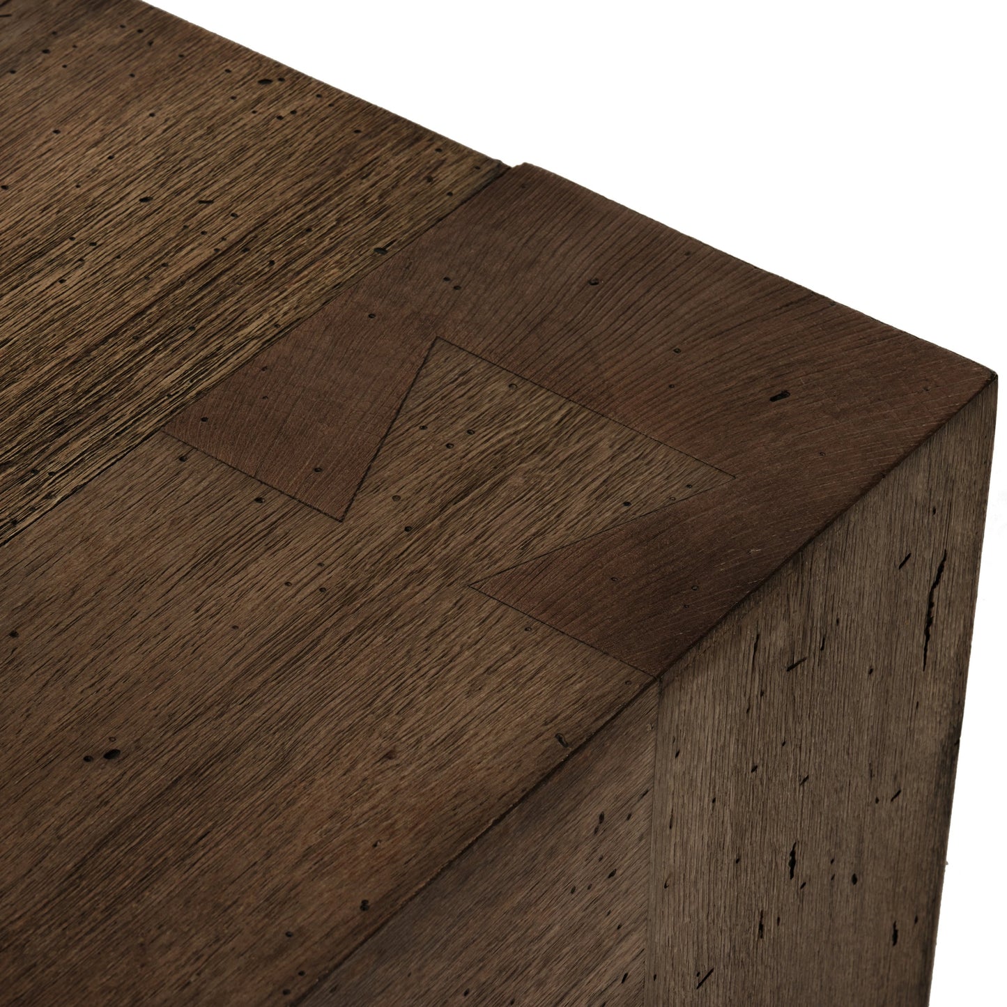 015 SI-2000881 | Closeup | Abaso Small Square Coffee Table by Four Hands in ebony rustic wormwood oak. Made from thick oak veneer, engineered hardwood in a modern style.