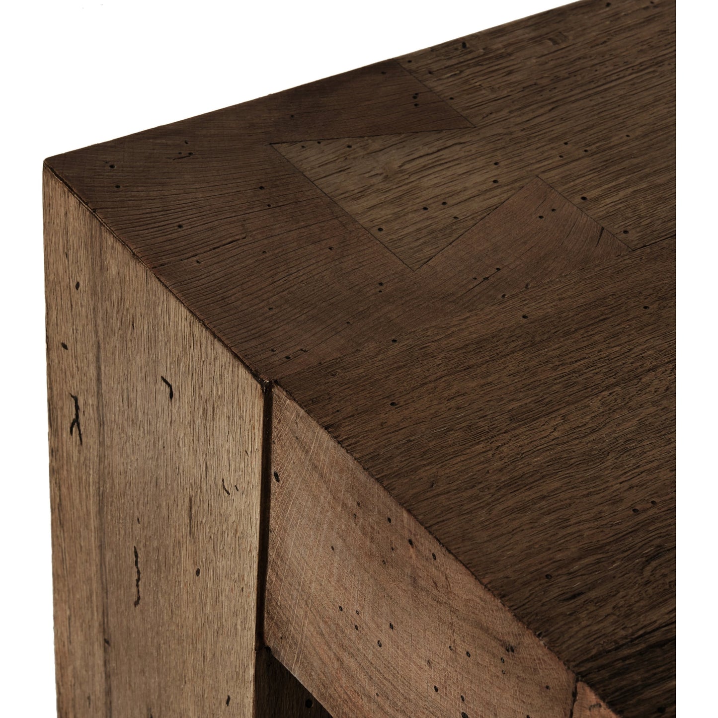 017 SI-2000881 | Closeup | Abaso Small Square Coffee Table by Four Hands in ebony rustic wormwood oak. Made from thick oak veneer, engineered hardwood in a modern style.