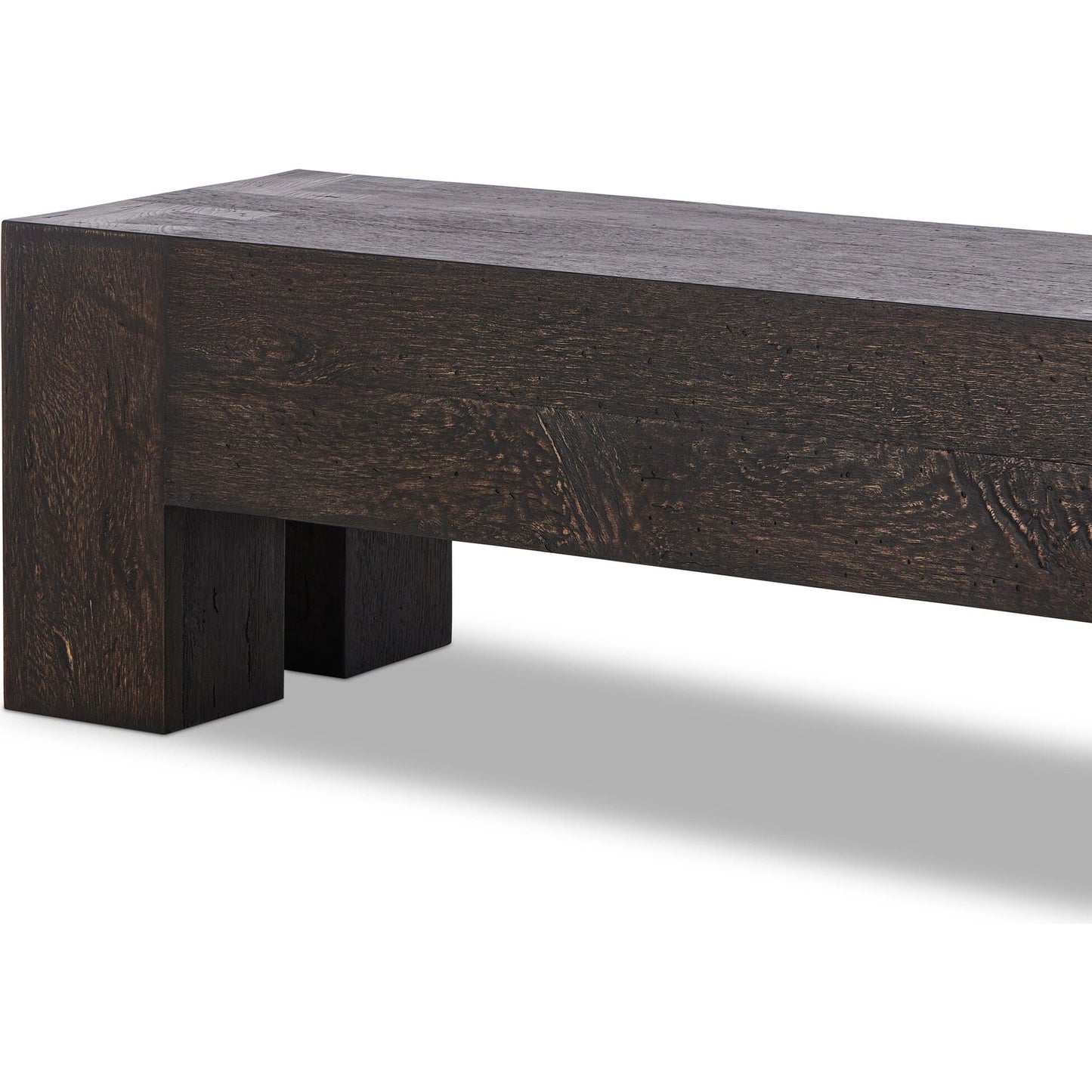 022 SI-2137147 | Closeup | Abaso Accent Bench by Four Hands in ebony rustic wormwood oak. Made from thick oak veneer, engineered hardwood in a modern style.