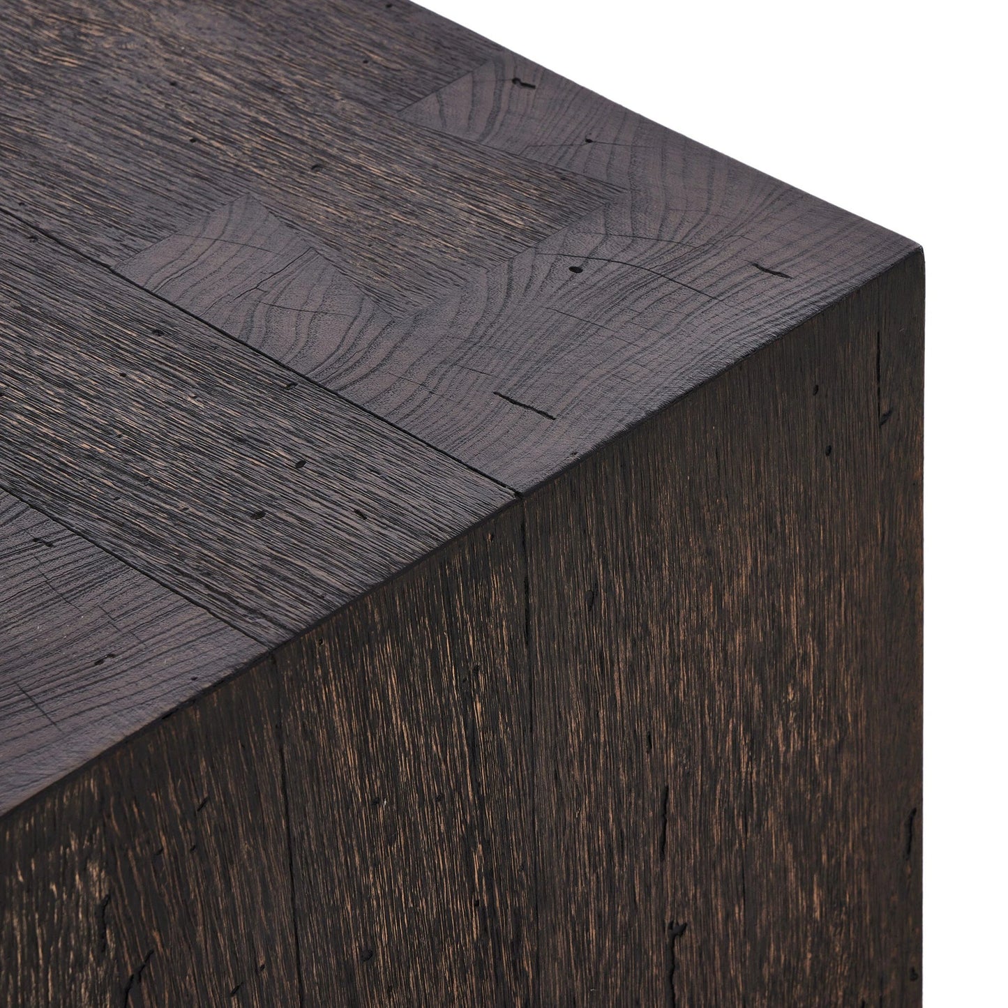 026 SI-2137147 | Closeup | Abaso Accent Bench by Four Hands in ebony rustic wormwood oak. Made from thick oak veneer, engineered hardwood in a modern style.